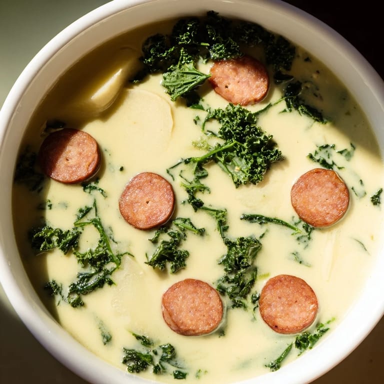 Close-up of creamy Portuguese Caldo Verde soup, with rich broth and tender potatoes garnished.