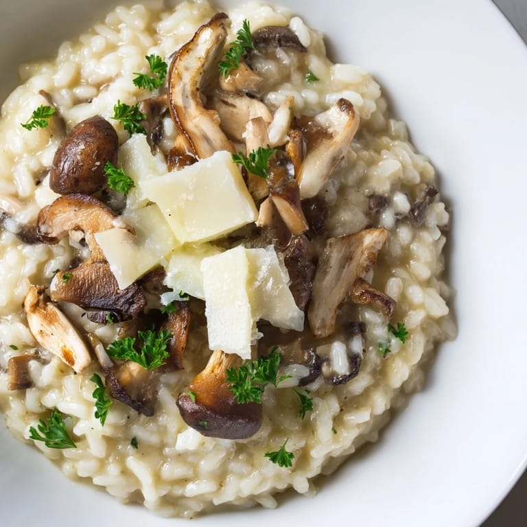 A close-up of finished Italian mushroom risotto, rich and savory, infused with Parmesan and herbs.