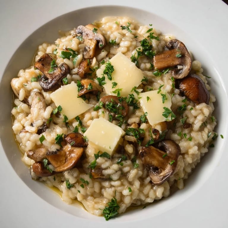 Freshly made Italian mushroom risotto, a gourmet Italian main course plated with parsley garnish, ready to enjoy.