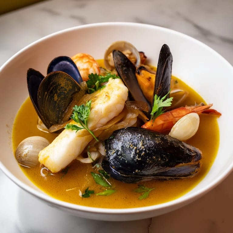 A close-up shot of Bouillabaisse, showing plump shrimp and mussels in a flavorful broth, ready to eat.