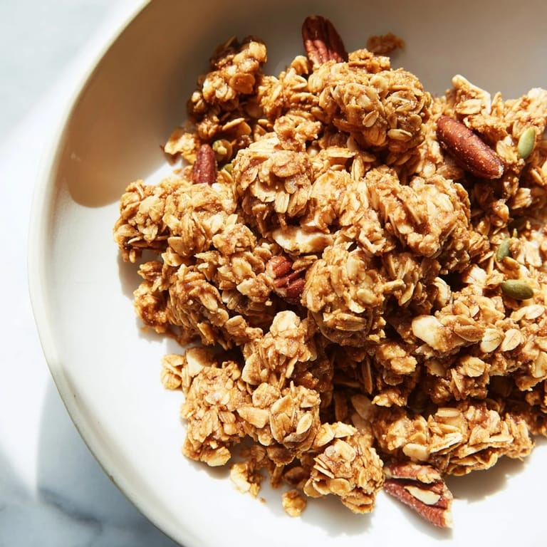 Freshly baked granola clusters with coconut and seeds, perfect for snacking or topping smoothie bowls.