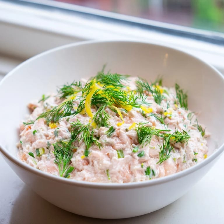 Close-up of the smoked salmon dip showing its rich, pink-speckled texture and smooth cream cheese base.  
