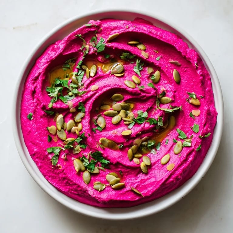 Vibrant pink Beet Hummus in a white bowl, garnished with fresh parsley and a drizzle of olive oil.