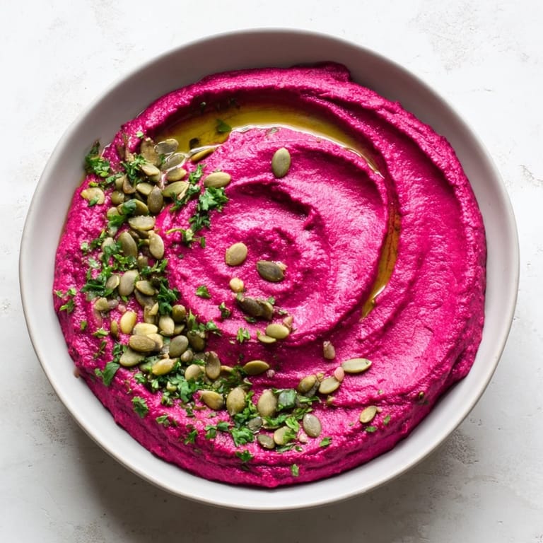 Earthy, sweet Beet Hummus swirled with olive oil, ready to be scooped with fresh vegetables or crackers.