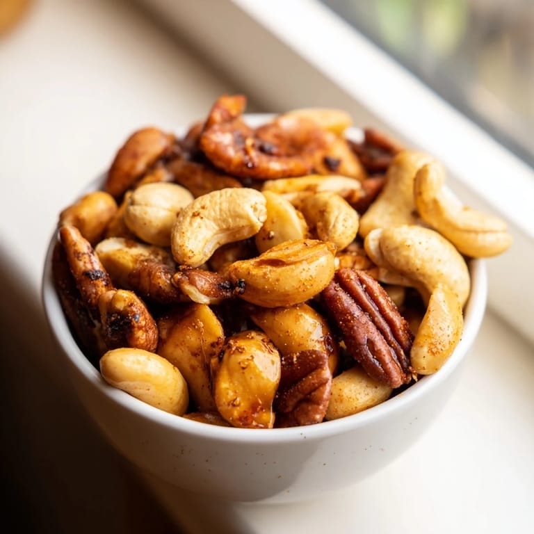 Freshly roasted Spiced Nuts Mix cooling on parchment paper, showcasing a sweet and savory blend.