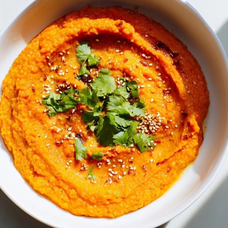 A vibrant, orange carrot ginger dip in a white serving dish, surrounded by fresh vegetables.
