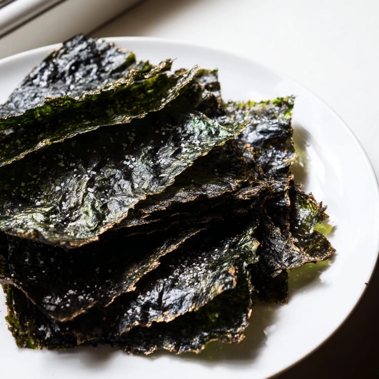 A close-up of freshly roasted seaweed chips with a seasoned, crispy texture, ideal for topping rice bowls or enjoying alone.