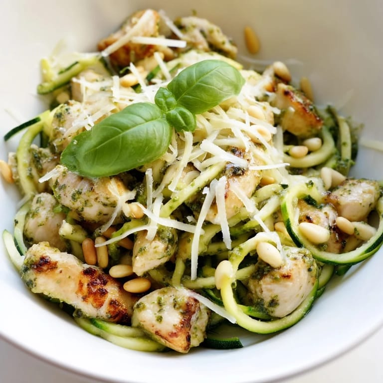Fresh, low-carb dinner featuring tender chicken, spiralized zucchini noodles, and aromatic basil pesto garnished with pine nuts.