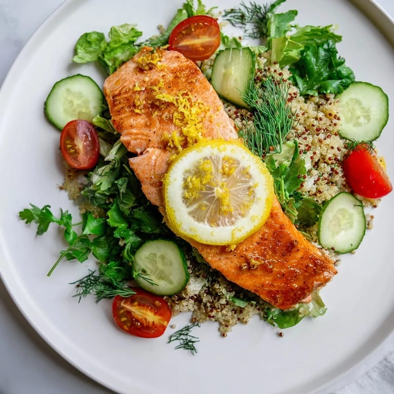 Golden baked salmon fillet on a fluffy quinoa and fresh herb salad with citrus vinaigrette.