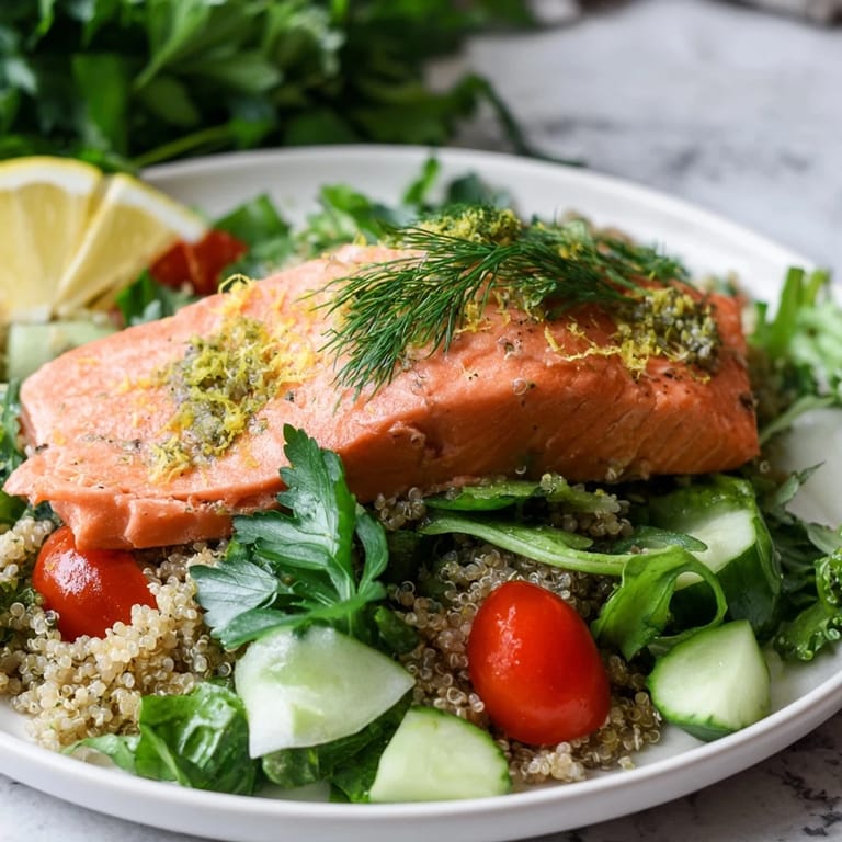 Healthy Lemon Herb Salmon Salad featuring warm salmon, crisp cucumbers, and zesty citrus dressing.