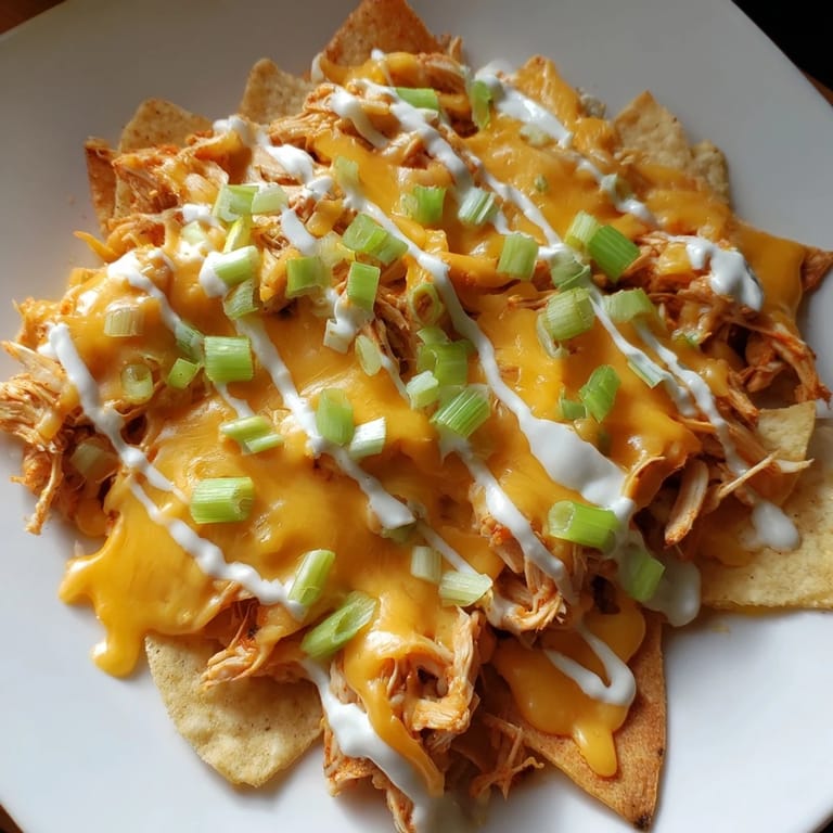 Sizzling buffalo chicken nachos on a platter, ready for game day with a cool ranch drizzle and fresh celery and tomato garnishes.  