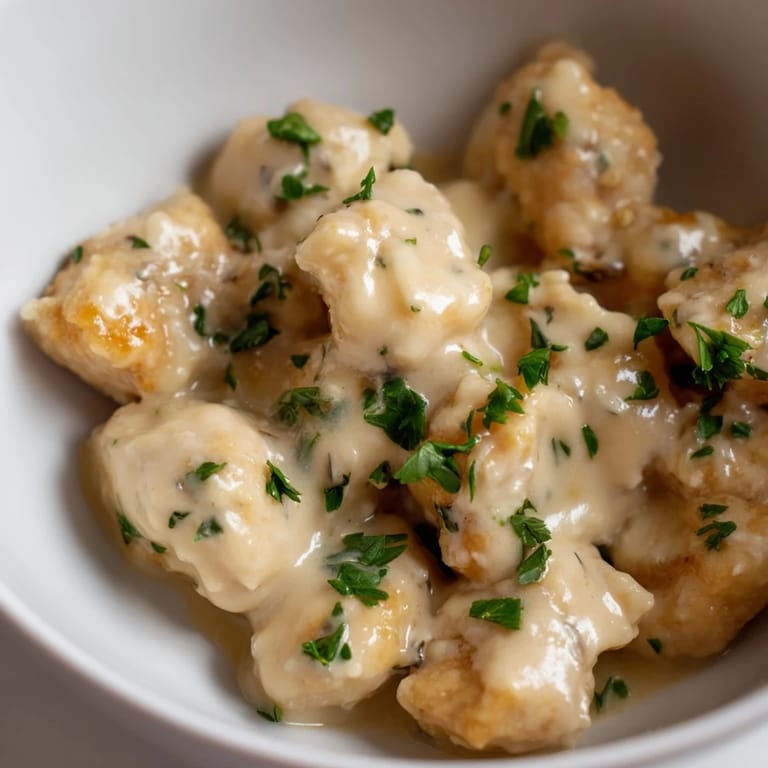 Golden-brown Creamy Garlic Chicken Bites with a velvety Parmesan sauce, garnished with fresh parsley for a savory main dish.