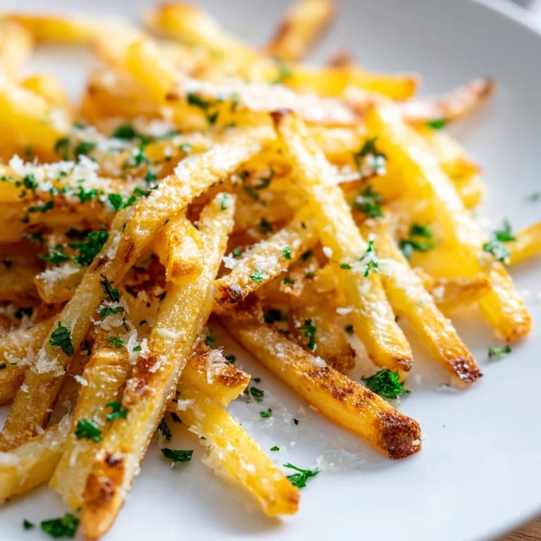 A close-up view of golden baked Truffle Parmesan Fries, highlighting their crispy texture and cheesy, truffle-infused finish.
