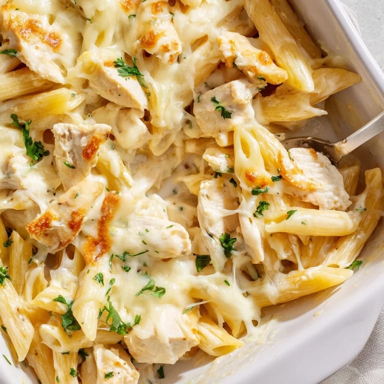 A fresh slice of Chicken Alfredo Casserole being lifted with a fork, revealing tender chicken.