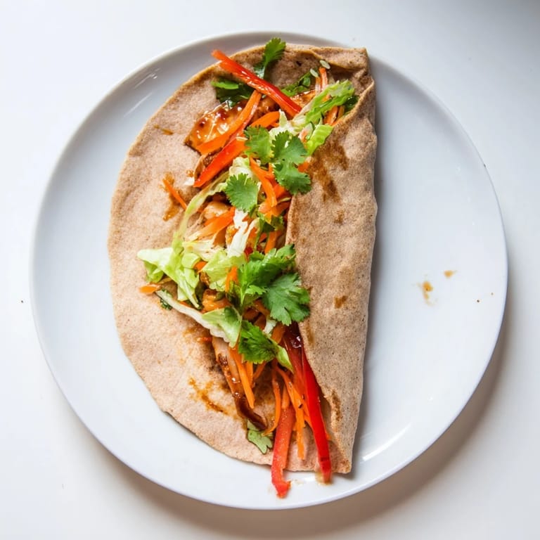 Sliced in half, the Honey Sriracha Chicken Wrap reveals layers of tender glazed chicken, crunchy vegetables, and creamy mayonnaise spread inside a warm tortilla.