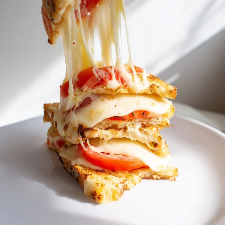 Close-up of Pepper Jack & Tomato Grilled Cheese, highlighting melted cheese pulling apart from the crusty, buttery jalapeño bread.