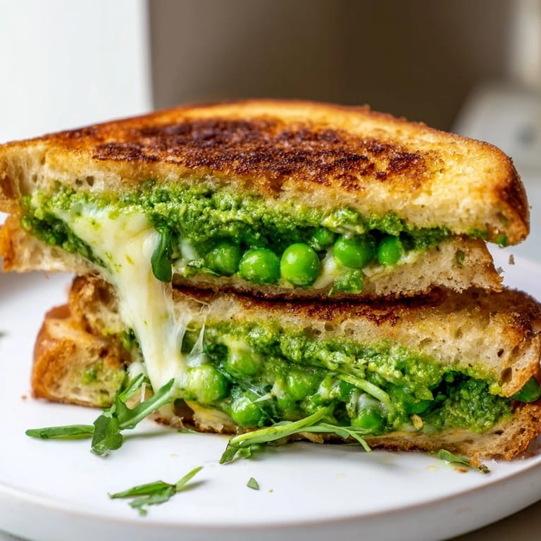 A close-up view of a grilled cheese sandwich with bright green pea pesto and melty cheese oozing from between toasted bread.  