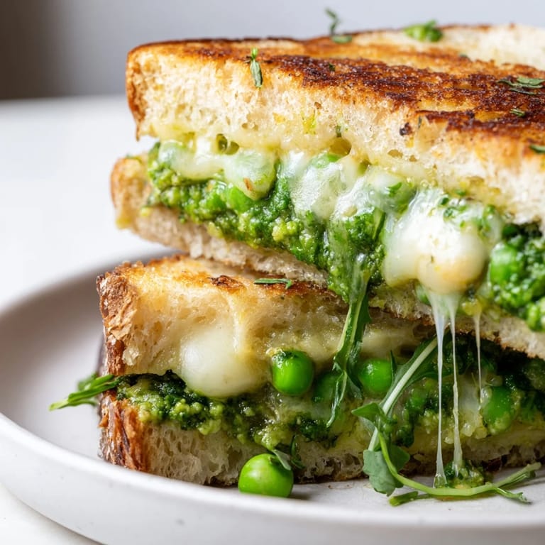 Sliced in half, this spring pea pesto grilled cheese reveals a colorful, pesto-filled interior perfect for a quick lunch.