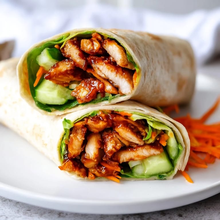 Perfectly rolled Honey Chili Crunch Chicken Wrap drizzled with extra sauce, served on a wooden board with fresh lime wedges.