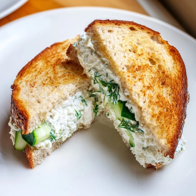A sliced Whipped Feta Spring Grilled Cheese revealing a creamy, herb-filled interior, ready to be enjoyed for a quick lunch.