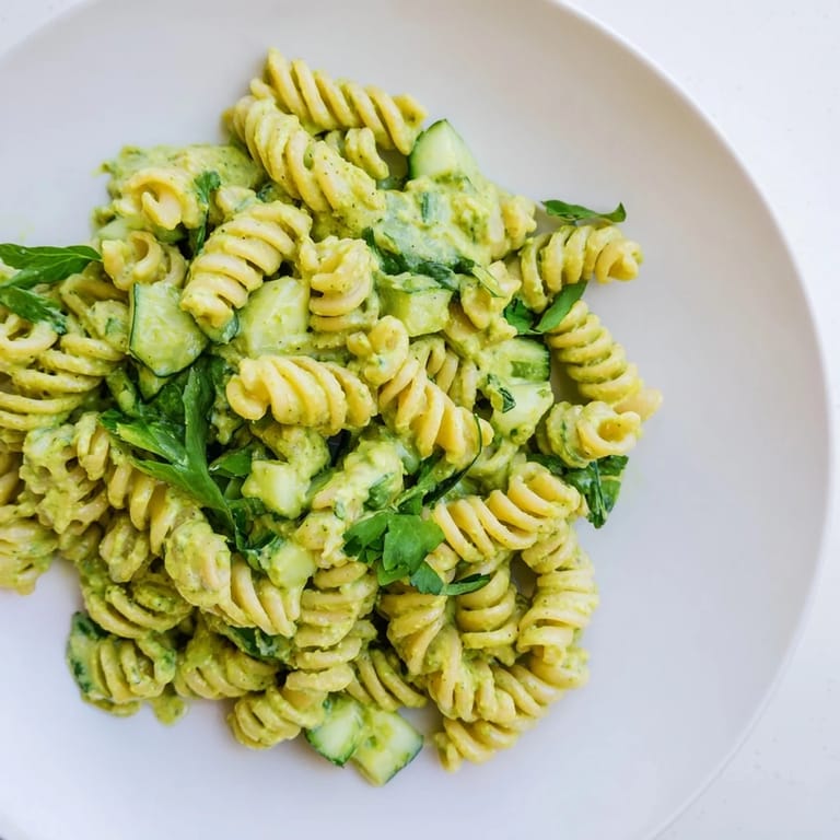 Close-up photo of Green Goddess Pasta Salad highlighting the creamy dressing clinging to rotini pasta, baby spinach, and diced cucumbers, ready to serve.