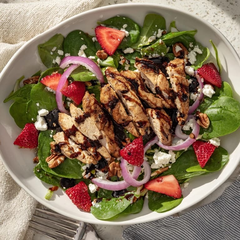 Fresh strawberries, creamy feta, and toasted pecans top crisp greens beside juicy grilled chicken.  