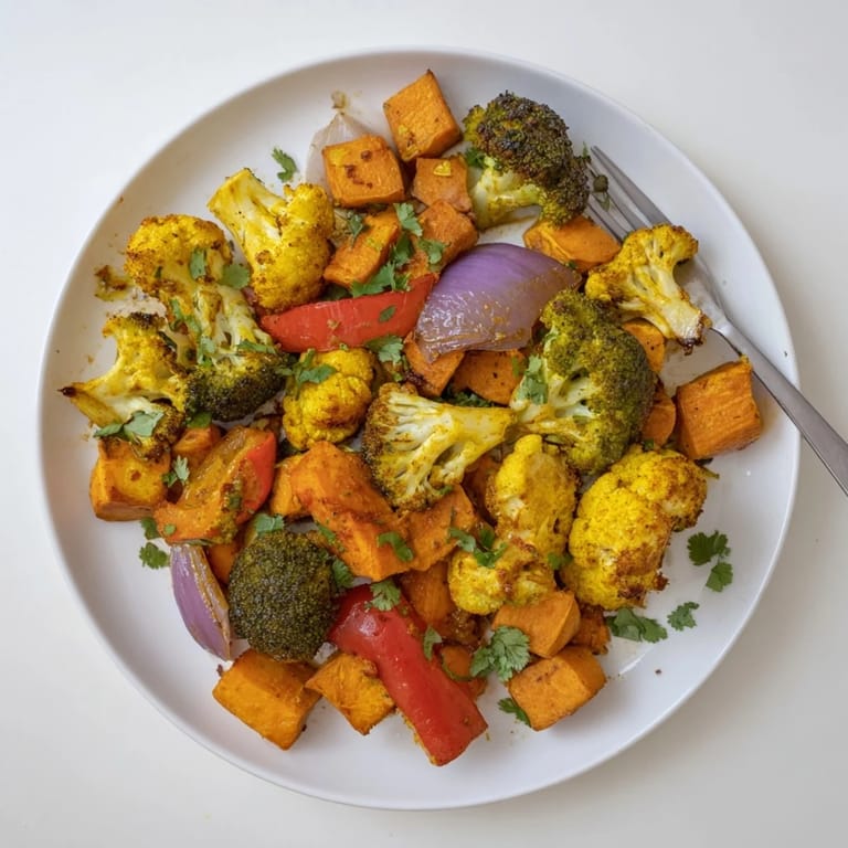 Enjoy Anti-Inflammatory Turmeric Roasted Vegetables warm as a colorful side dish, garnished with fresh cilantro and a bright lemon wedge.