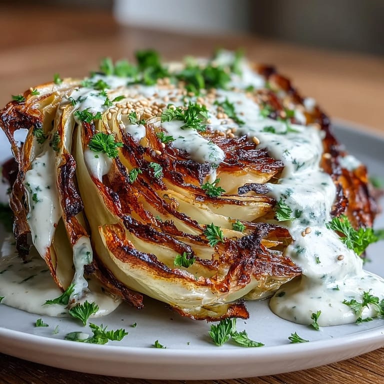 Caramelized cabbage steaks with vibrant tahini, a healthy vegan side.