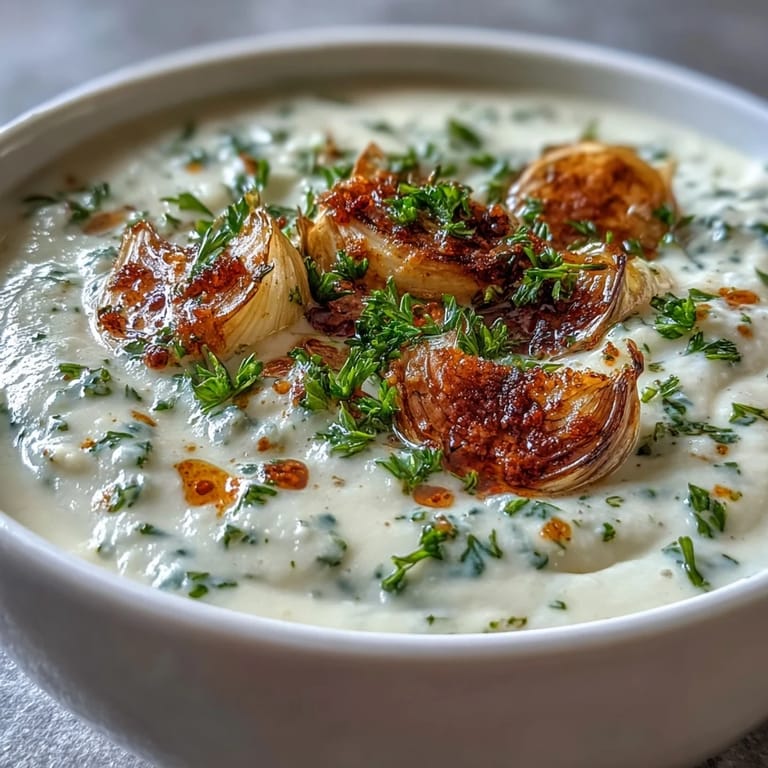 Steaming creamy Roasted Garlic and Herb Soup in a rustic bowl, releasing savory aromas from fresh thyme and parsley.