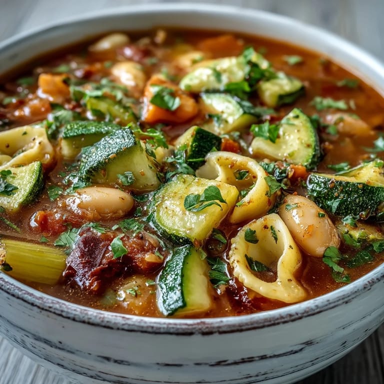 Bubbling pot of homemade Vegetable Minestrone with tender pasta and creamy white beans, ready to ladle into rustic bowls.