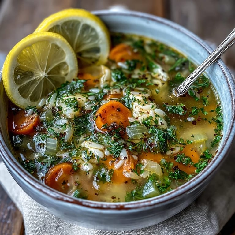Close-up of a bowl of Lemon Herb Soup garnished with lemon slices and fresh herbs.