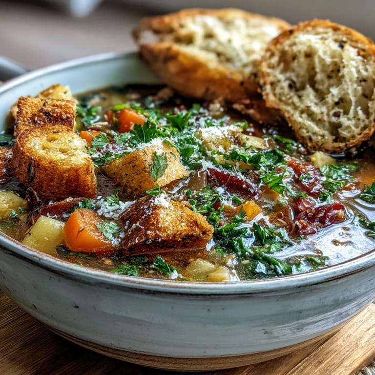 Hearty Italian-style Parmesan Veggie Soup simmering in a pot with a Parmesan rind, fresh herbs, and steam rising.