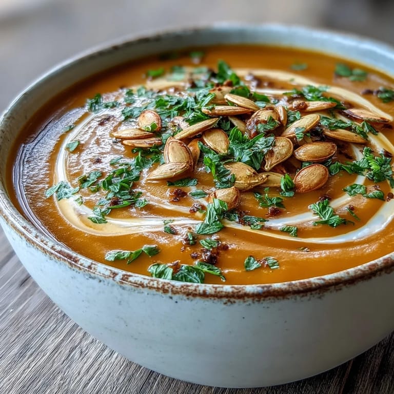 Silky Pumpkin Soup served warm with a swirl of heavy cream and crusty artisan bread.