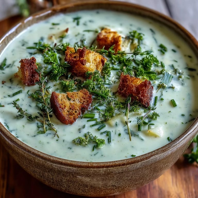 Ladle of vibrant green Garlic and Herb Soup garnished with chives and parmesan, perfect for a light vegetarian meal.