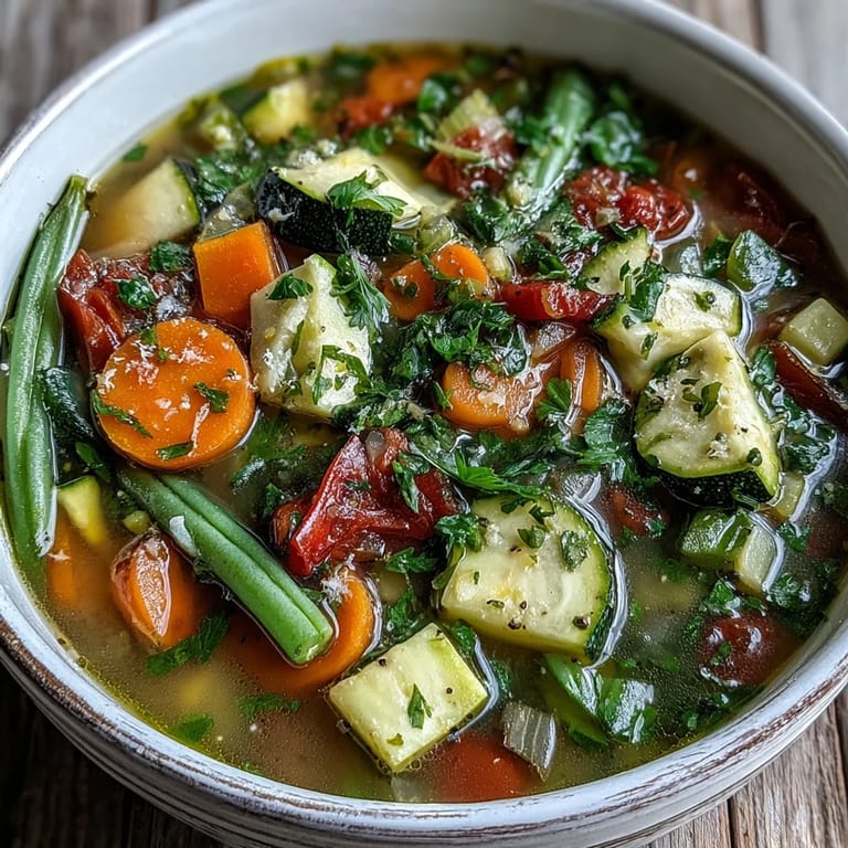 Hearty Italian Herb Vegetable Soup with zucchini, bell peppers, and spinach in a ceramic bowl, ready to serve.