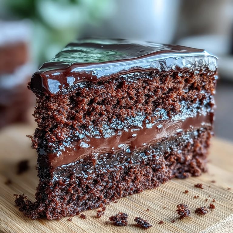 Easy Chocolate Fudge Cake topped with a dollop of fresh whipped cream and tart raspberries on a rustic wooden table.