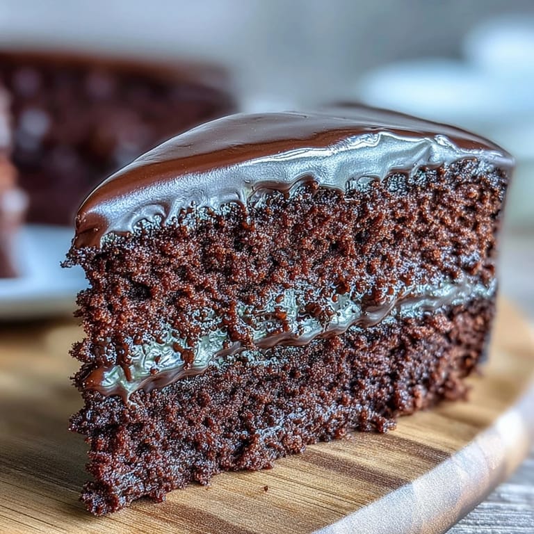 A fork lifts a rich slice of Easy Chocolate Fudge Cake, showcasing the super-squidgy texture and decadent dark chocolate icing.