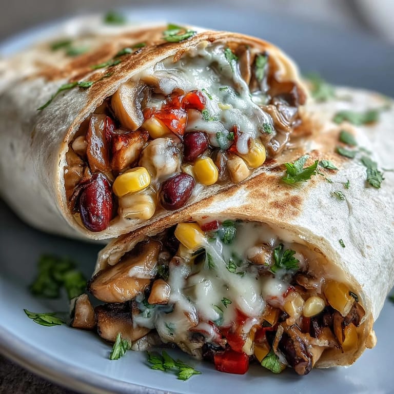 Freshly rolled veggie burritos stuffed with spiced mushrooms and peppers, ready to be enjoyed with avocado and sour cream.