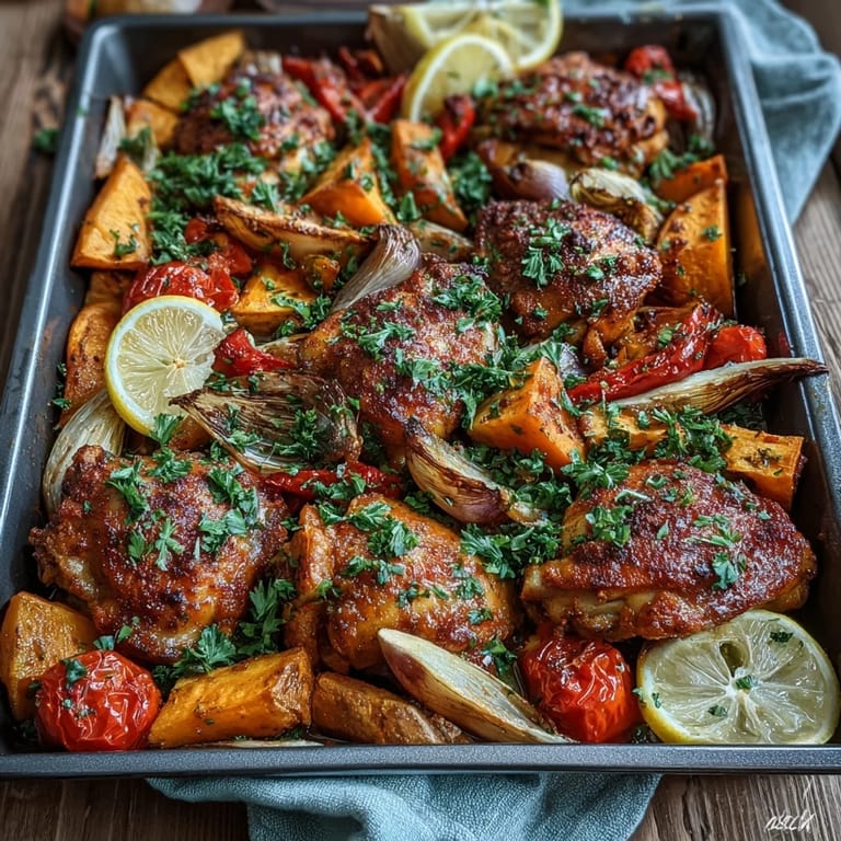 Close-up of Chicken and Sweet Potato Traybake showing glazed sweet potatoes and red onions alongside piri-piri chicken, served with bright lemon wedges.