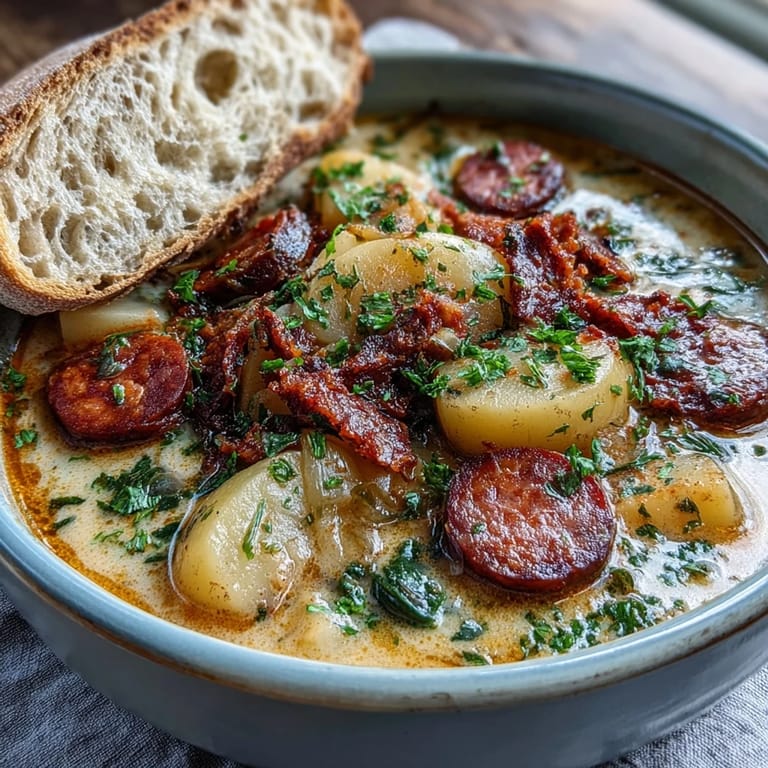 Steaming pot of Potato, Leek and Chorizo Soup with sliced leeks and smoky chorizo visible.
