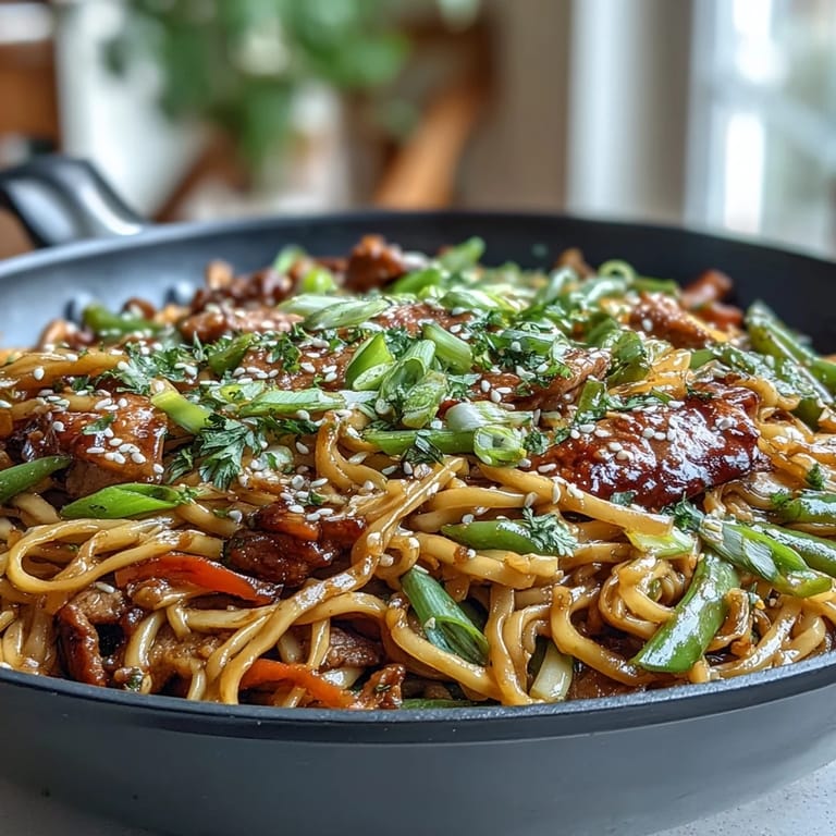 Fresh ginger and garlic aromas rise from a hot wok as this colorful Pork Noodle Stir-Fry gets tossed for dinner.