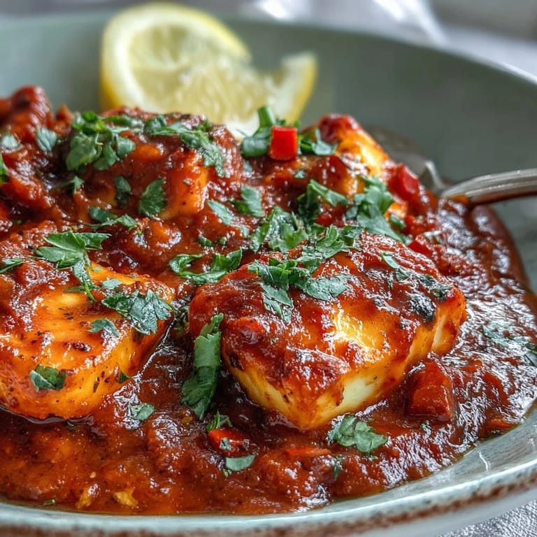 Golden halloumi cubes and diced red bell peppers in a rich coconut tomato curry garnished with cilantro.