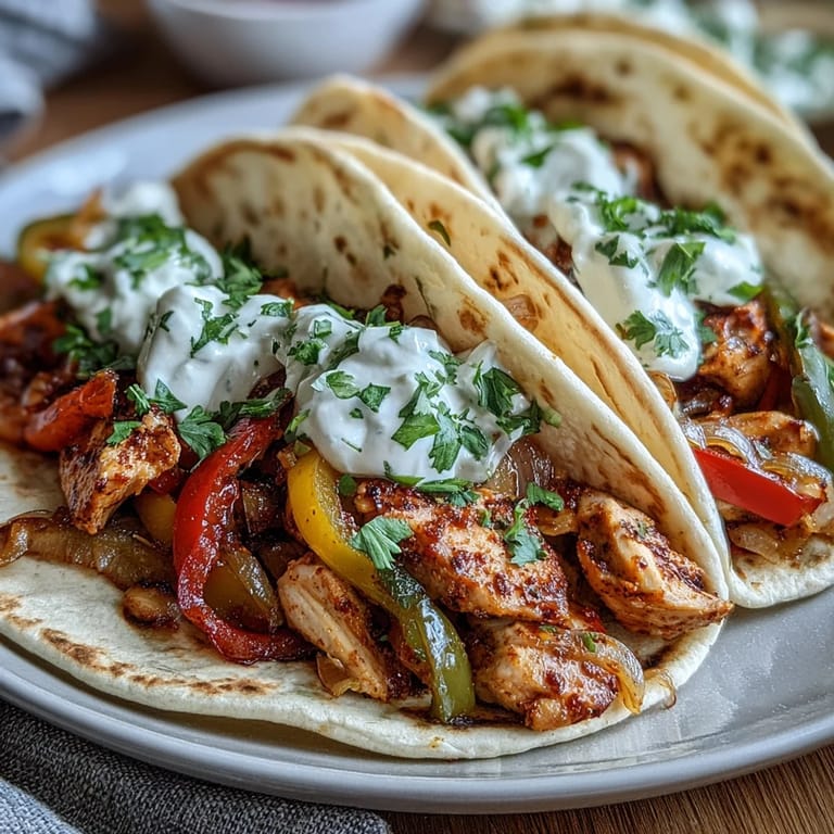 Plated Easy Chicken Fajitas on a rustic table with lime wedges and a dollop of sour cream.