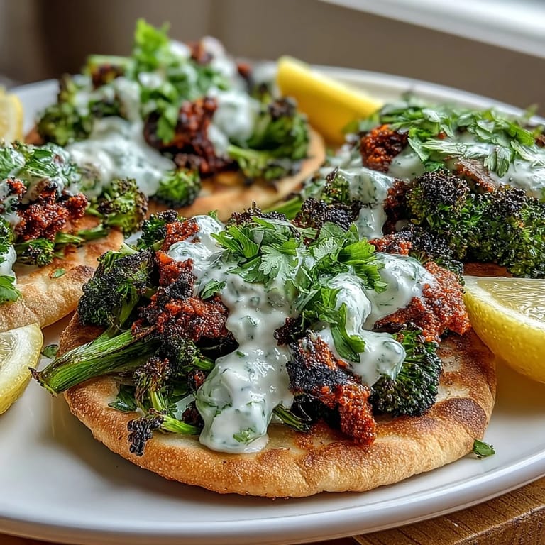 Sizzling harissa broccoli roasted until charred, served on a flatbread with creamy yogurt for a quick, spicy meal.