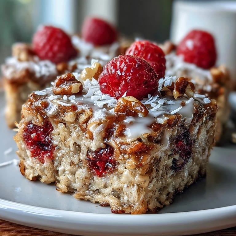 Sliced square of Baked Oatmeal with Raspberry and Coconut ready to eat with maple syrup.