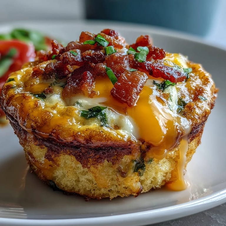 Savory Breakfast Egg Muffins with fluffy eggs, crumbled bacon, and melted cheese on a slate background.