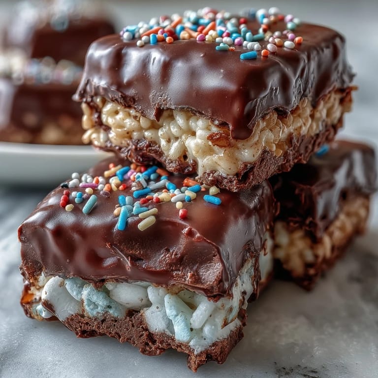 Freshly cut chocolate covered rice krispy treats arranged on parchment paper with a glass of cold milk.