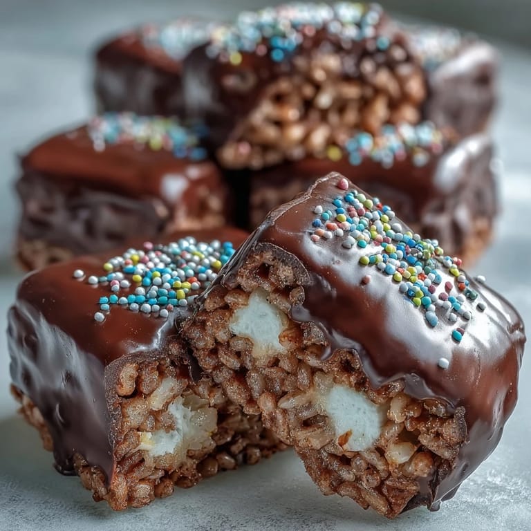A slice shows the crispy, marshmallow-filled interior of a chocolate covered rice krispy treat on a blue plate.