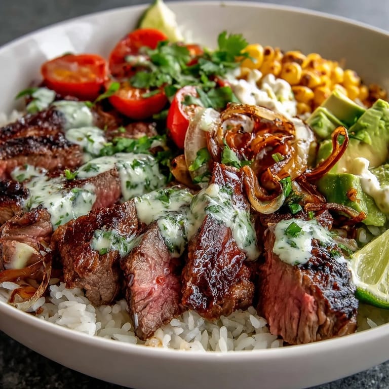 Dinner recipe for Steak, Avocado, and Roasted Corn Bowl with Cilantro Cream Sauce drizzled with green sauce beside lime wedges.