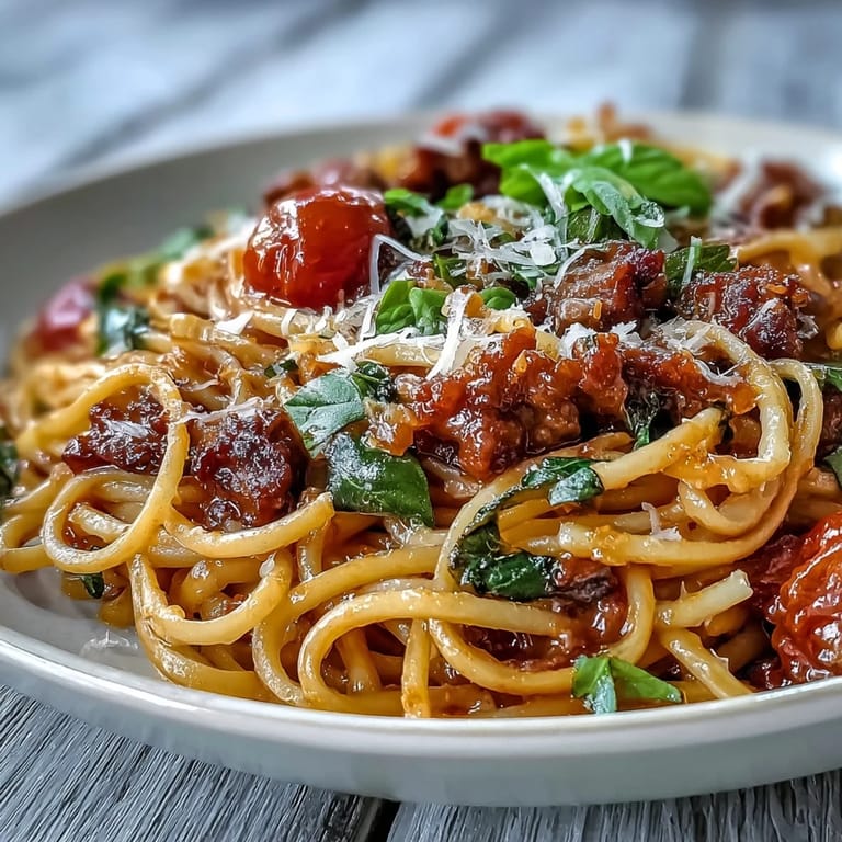 A hearty bowl of Italian Drunken Noodles features plump shrimp and blistered cherry tomatoes on a bed of linguine.